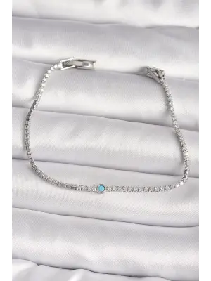 Pirinç Gümüş Renk Su Yolu Zirkon Taşlı Mavi Taşlı Kadın Bileklik