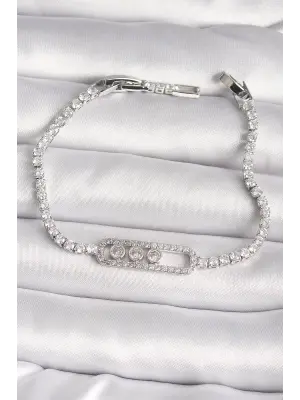 Pirinç Gümüş Renk Su Yolu Zirkon Taşlı Messika Model Kadın Bileklik