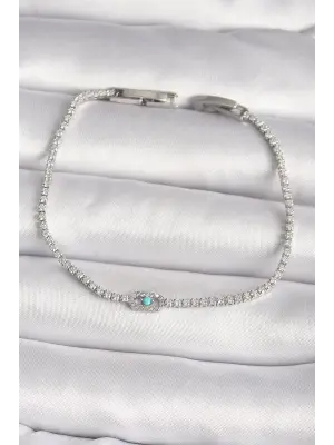 Pirinç Gümüş Renk Su Yolu Zirkon Taşlı Messika Model Mavi Taşlı Kadın Bileklik
