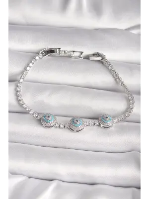 Pirinç Gümüş Renk Su Yolu Zirkon Taşlı Nazar Boncuk Model Kadın Bileklik