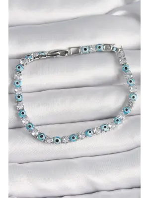 Pirinç Gümüş Renk Su Yolu Zirkon Taşlı Nazar Boncuklu Kadın Bileklik