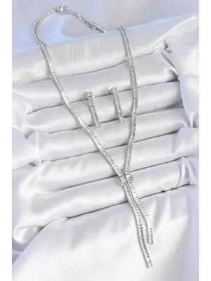 Pirinç Gümüş Renk Su Yolu Zirkon Taşlı VIP Seri Kadın Kolye Seti