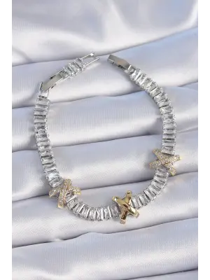 Pirinç Gümüş Renk Taşlı Su Yolu Model VİP Seri Kadın Bileklik