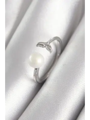  Gümüş Top İnci Figür Balık Kuyruğu Model Çelik Yüzük