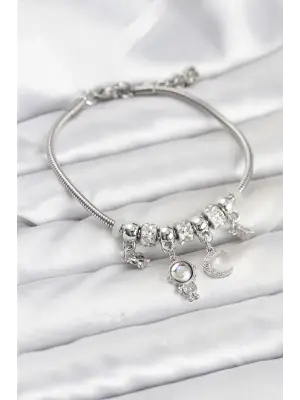 Çelik Gümüş Renk Uzay Tema Charmlı Kadın Bileklik