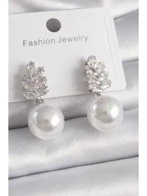  Gümüş Yaprak Zirkon Taşlı Top İnci Boncuk Model Çelik Küpe