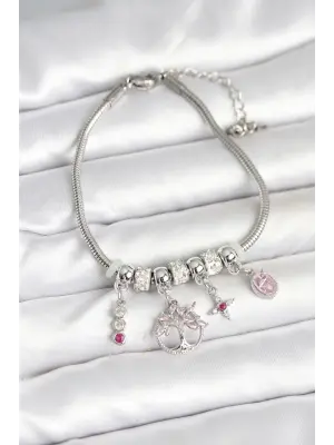 Pirinç Gümüş Renk Yaşam Ağacı Charmlı Kadın Bileklik