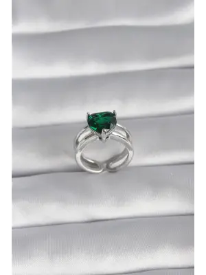  Gümüş Yeşil Zirkon Taşlı Tek Taş Model Çelik Yüzük