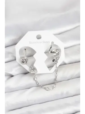 Çelik Gümüş Renk Yılan Model Zincir Bağlantılı Ear Cuff Küpe Seti