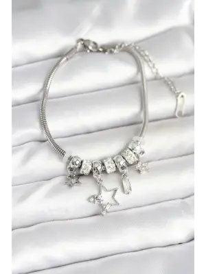 Pirinç Gümüş Renk Yıldız Charmlı Kadın Bileklik