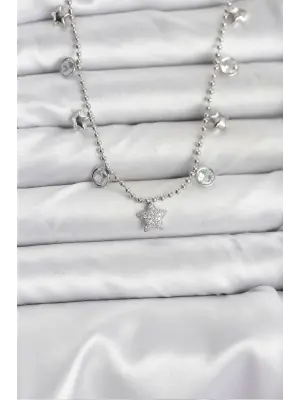 Pirinç Gümüş Renk Yıldız Model Kadın Kolye