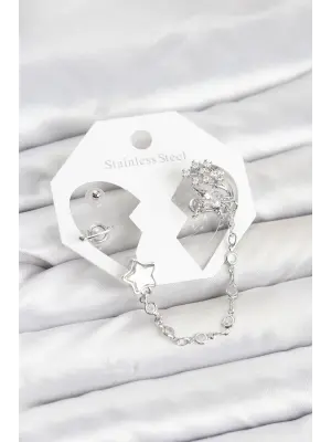 Çelik Gümüş Renk Yıldız Model Zincir Bağlantılı Ear Cuff Küpe Seti