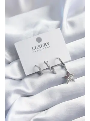 Pirinç Gümüş Renk Yıldız Model Zirkon Taşlı 3lü Kadın Küpe Seti