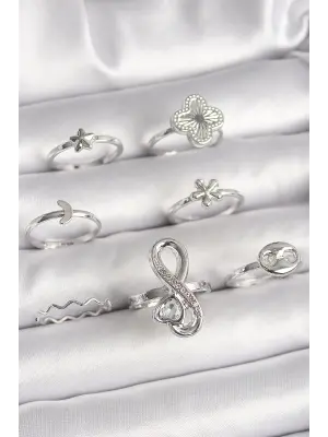 Pirinç Gümüş Renk Yonca Figür Sonsuzluk Zirkon Taşlı Kalp Detay Kadın Yüzük Kombini