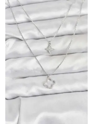 Çelik Gümüş Renk Yonca Model 2li Kadın Kolye