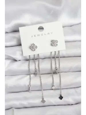 Pirinç Gümüş Renk Yonca Model Sallantılı Kadın Küpe