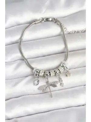 Pirinç Gümüş Renk Yusufçuk Charmlı Kadın Bileklik