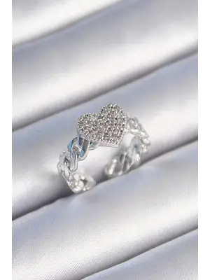  Gümüş Zincir Kordon Zirkon Taşlı Kalp Model Çelik Yüzük