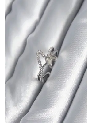  Gümüş Zirkon Taş Detay Kelebek Model Çelik Yüzük