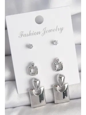 Pirinç Gümüş Renk Zirkon Taş Detay Sallantılı Kare Model 3 Çift Kadın Küpe Seti