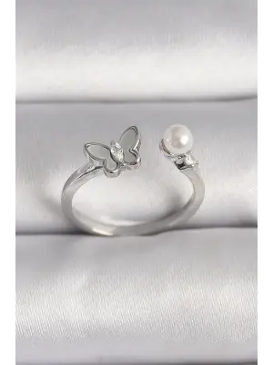  Gümüş Zirkon Taş Detaylı Beyaz Mineli Kelebek Figür İnci Detay Ayarlanabilir Yüzük