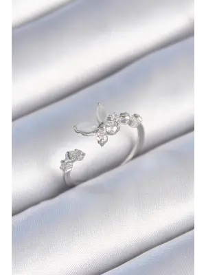  Gümüş Zirkon Taş Detaylı Beyaz Mineli Kelebek Model Çelik Yüzük