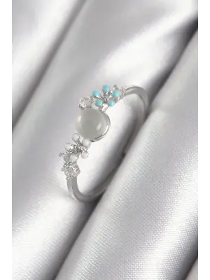  Gümüş Zirkon Taş Detaylı Beyaz Sedefli Çiçek Model Çelik Yüzük