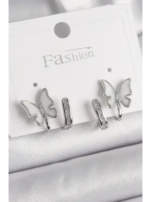  Gümüş Zirkon Taş Detaylı Beyaz Sedefli Kelebek Model Çelik Küpe