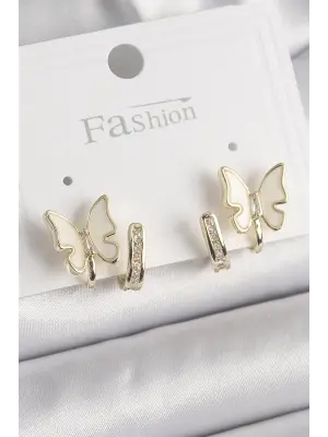  Gümüş Zirkon Taş Detaylı Beyaz Sedefli Kelebek Model Çelik Küpe