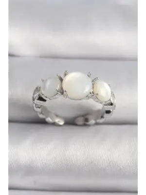  Gümüş Zirkon Taş Detaylı Beyaz Sedefli VIP Seri Çelik Yüzük