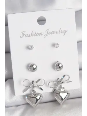 Pirinç Gümüş Renk Zirkon Taş Detaylı Fiyonk Sallantılı Kalp Model Kadın 3 Çift Kadın Küpe Seti