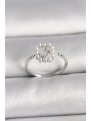  Gümüş Zirkon Taş Detaylı İncili Ayarlanabilir Yüzük