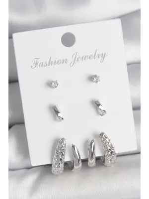 Pirinç Gümüş Renk Zirkon Taş Detaylı İşlemeli Motif Model 3 Çift Kadın Küpe Seti