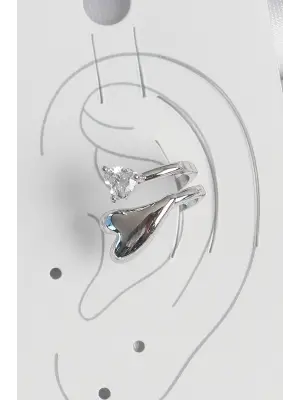 Pirinç Gümüş Renk Zirkon Taş Detaylı Kalp Model Kadın Kıkırdak Küpe