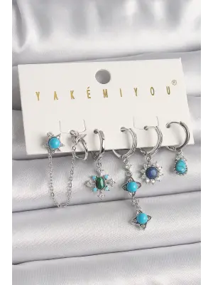 Gümüş Zirkon Taş Detaylı Mavi Boncuklu Çiçek Model VIP Seri Çelik Küpe Kombini