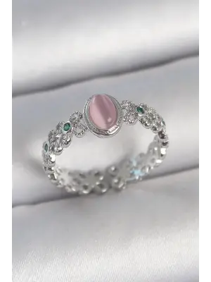 Pirinç Gümüş Renk Zirkon Taş Detaylı Pembe Mineli Damla Model Ayarlanabilir Kadın Yüzük