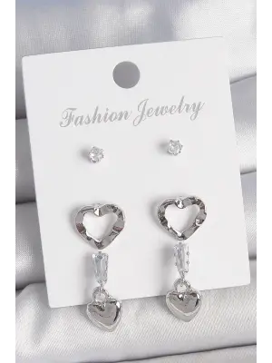 Pirinç Gümüş Renk Zirkon Taş Detaylı Sallantı Model 2 Çift Kadın Küpe Seti