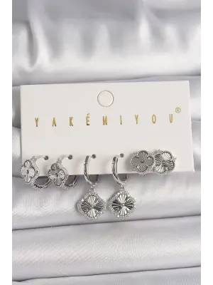  Gümüş Zirkon Taş Detaylı VIP Seri Yonca Model Çelik Küpe Kombini