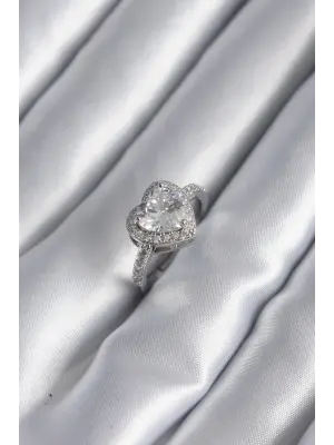  Gümüş Zirkon Taş Kalp Charm Model Çelik Yüzük