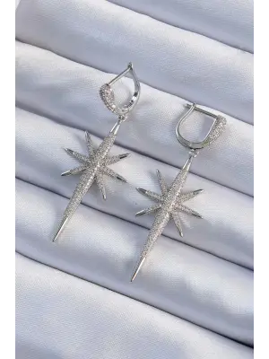  Gümüş Zirkon Taş Kaplama Kutup Yıldızı Tasarımlı Çelik Küpe