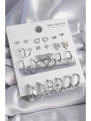  Gümüş Zirkon Taşlı 12 Çift Çelik Küpe Seti