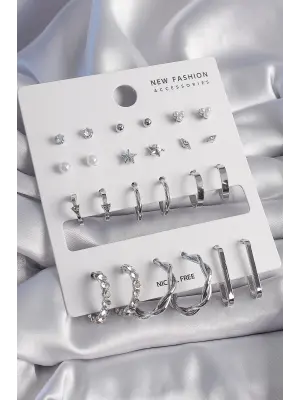  Gümüş Zirkon Taşlı 12 Çift Çelik Küpe Seti