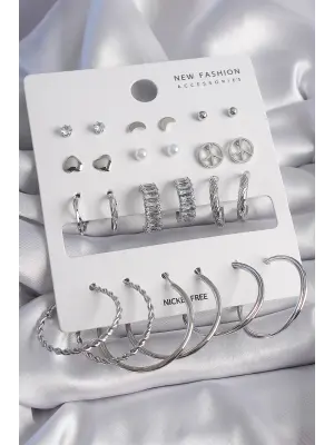  Gümüş Zirkon Taşlı 12 Çift Çelik Küpe Seti