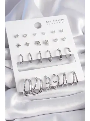  Gümüş Zirkon Taşlı 12 Çift Küpe Seti