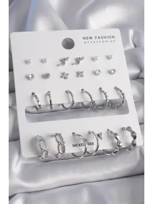  Gümüş Zirkon Taşlı 12 Çiftli Çelik Küpe Seti