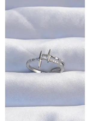  Gümüş Zirkon Taşlı 2li Görünüm Ayarlanabilir Yıldız Model Yüzük