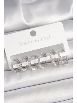 Pirinç Gümüş Renk Zirkon Taşlı 3 Çift Halka Model Kadın Küpe