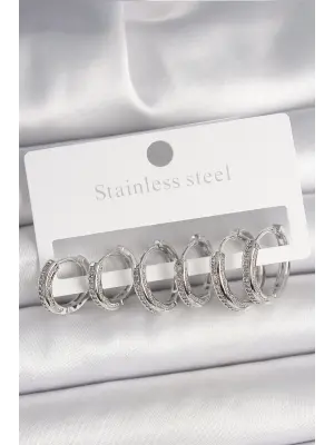 Pirinç Gümüş Renk Zirkon Taşlı 3 Çift Halka Model Kadın Küpe