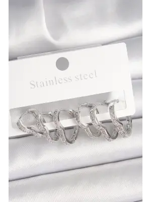 Pirinç Gümüş Renk Zirkon Taşlı 3 Çift Kalp Model Kadın Küpe