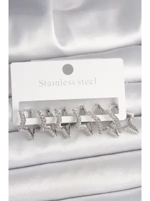 Pirinç Gümüş Renk Zirkon Taşlı 3 Çift Yıldız Model Kadın Küpe